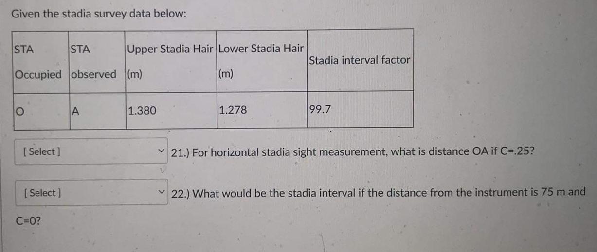 Solved Given the stadia survey data below: STA STA Upper 