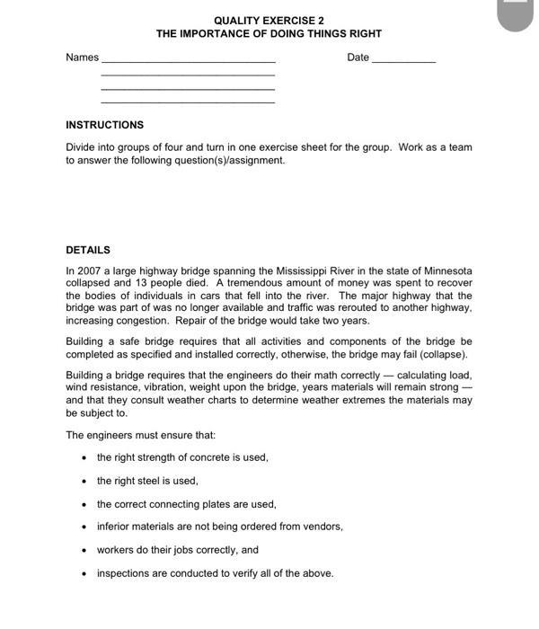 Solved Names QUALITY EXERCISE 2 THE IMPORTANCE OF DOING