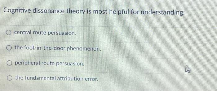 Cognitive dissonance theory is top most helpful for understanding