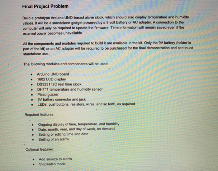 Final Project Problem Build a prototype Arduino | Chegg.com