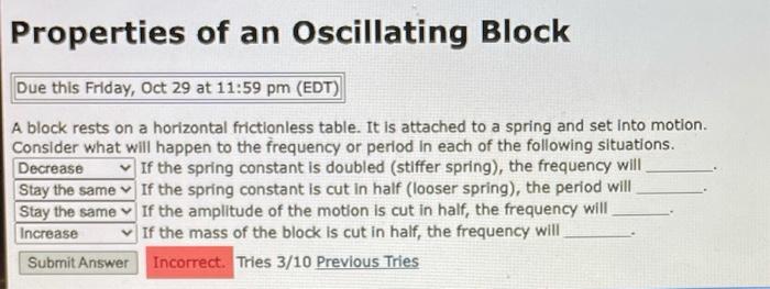 Solved Properties of an Oscillating Block Due this Friday, | Chegg.com