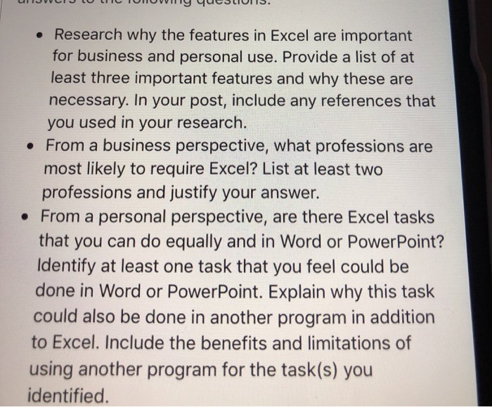 Solved Research why the features in Excel are important for | Chegg.com