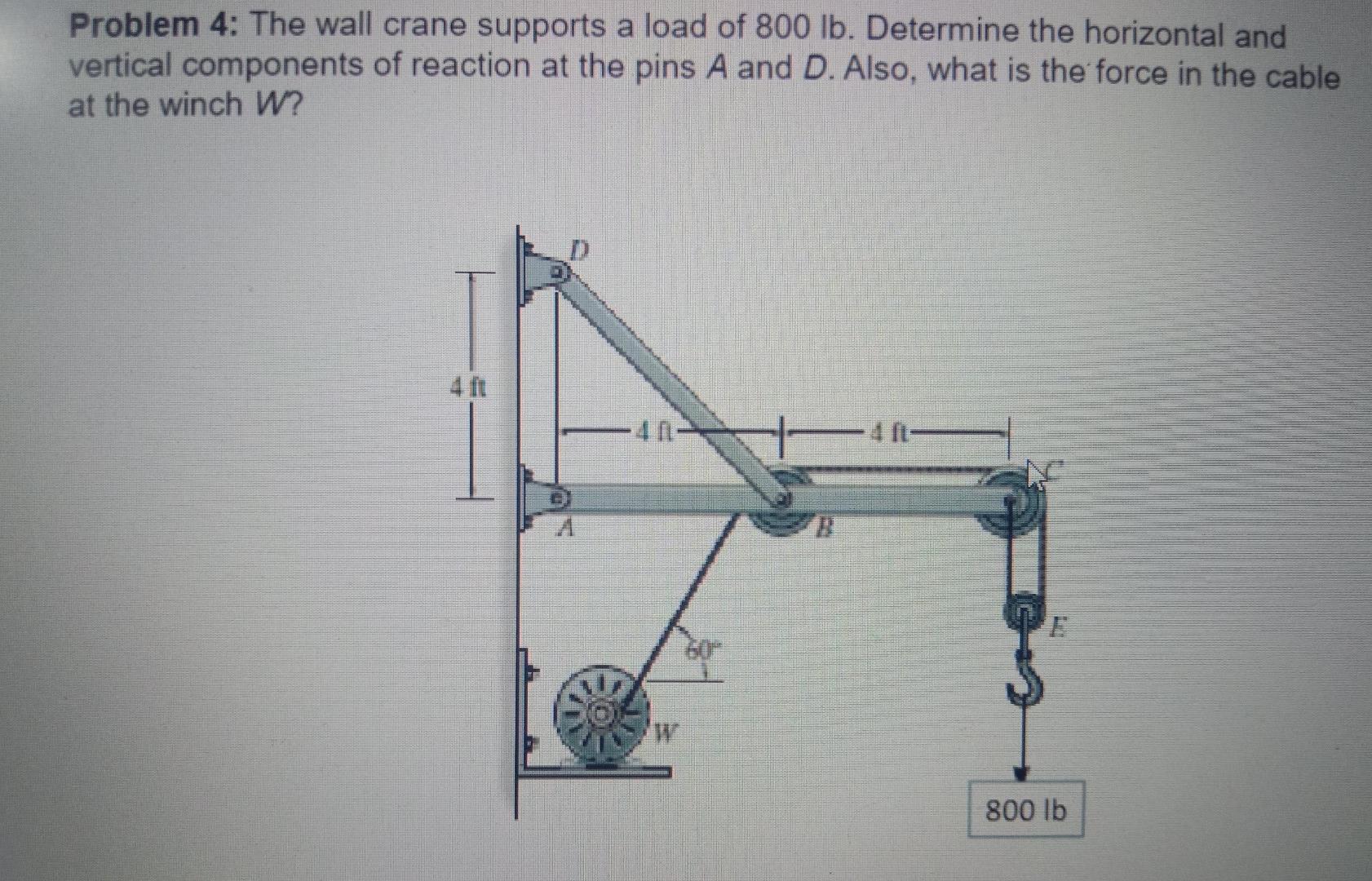 Problem 4: The wall crane supports a load of 800 lb. Determine the horizontal and
vertical components of reaction at the pins