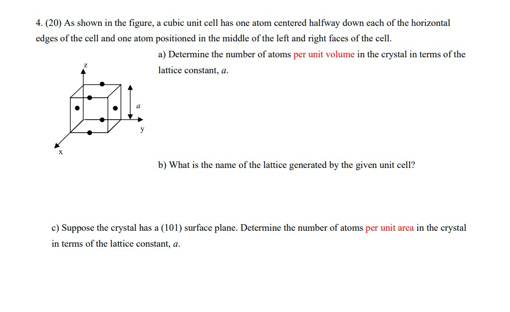 Solved (20) ﻿As shown in the figure, a cubic unit cell has | Chegg.com