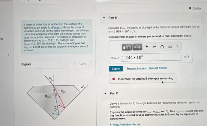 Solved Review Part 8 A beam of white light is incident on | Chegg.com
