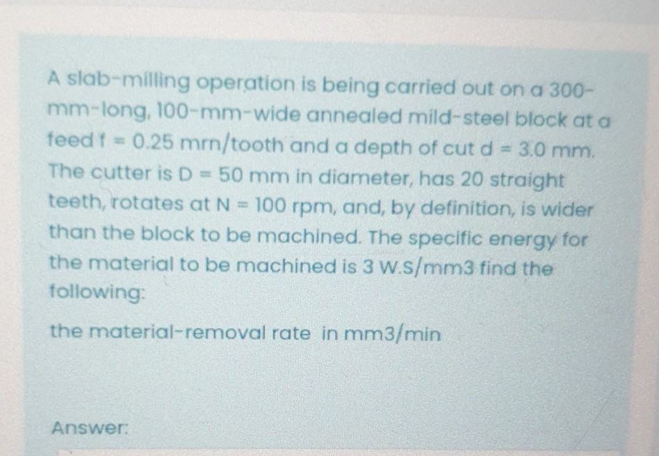 Solved A slabmilling operation is being carried out on a