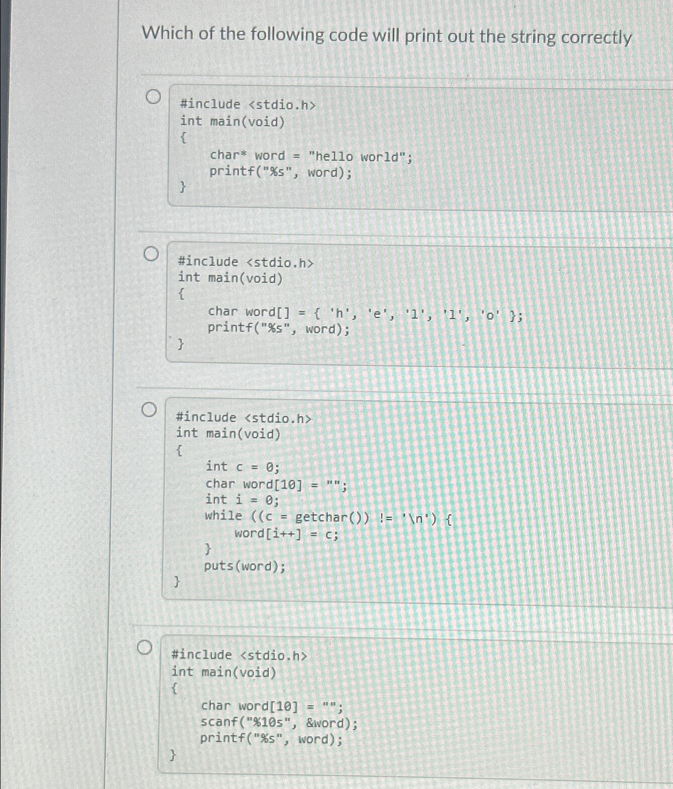 Solved Which of the following code will print out the string | Chegg.com
