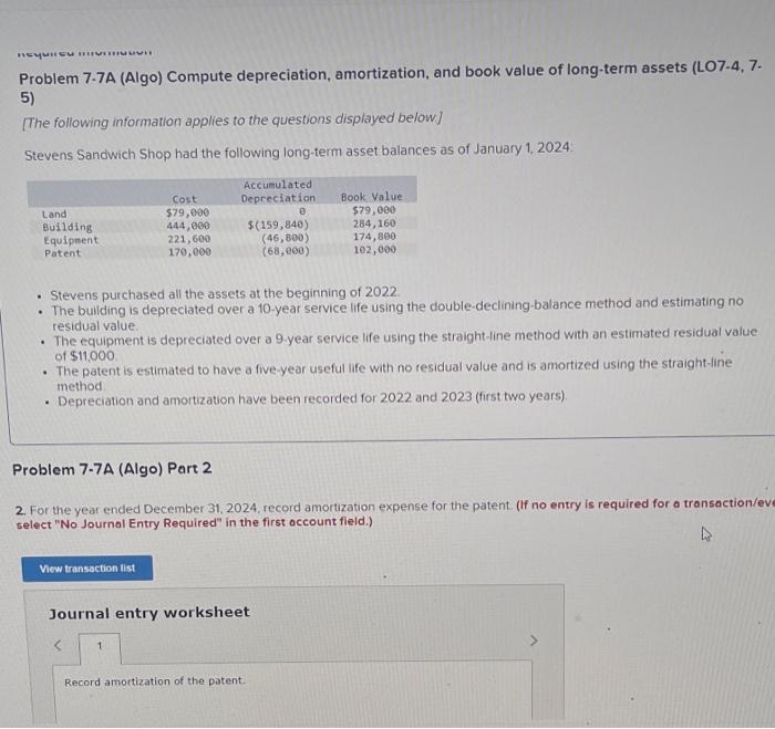 Solved Problem 7-7A (Algo) Compute Depreciation, | Chegg.com