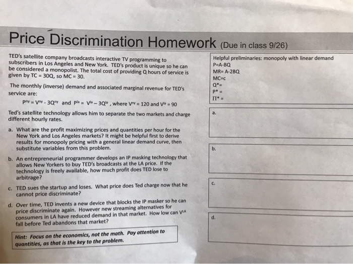 Solved Price Discrimination Homework (Due In Class 9/26) | Chegg.com