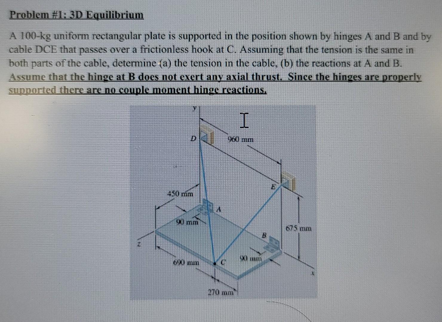 Solved Problem #1: 3D Equilibrium A 100-kg Uniform | Chegg.com