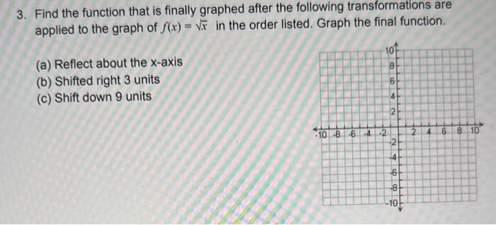3. Find the function that is finally graphed after the following transformations are applied to the graph of \( f(x)=\sqrt{x}