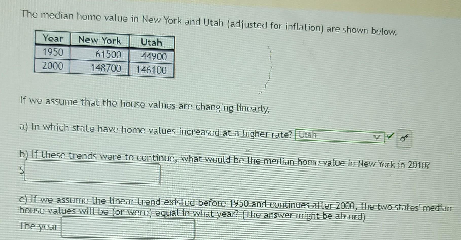 Solved The median home value in New York and Utah (adjusted