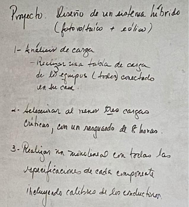 Prneecto. liseño de un sistema hibrido (fotoroltaico + eolliw) 1- Analisis de carga - Recinar una tabla de caiga de en equipo