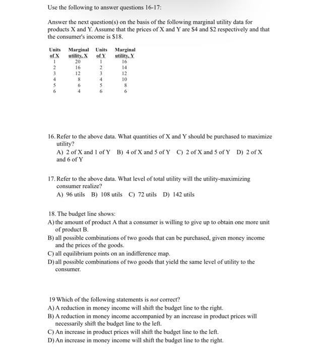 Solved Use the following to answer questions 16-17: Answer | Chegg.com
