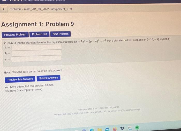 (1 point). Find the standard form for the equation of a circle \( (x-h)^{2}+(y-k)^{2}=r^{2} \) with a diameter that has endpo