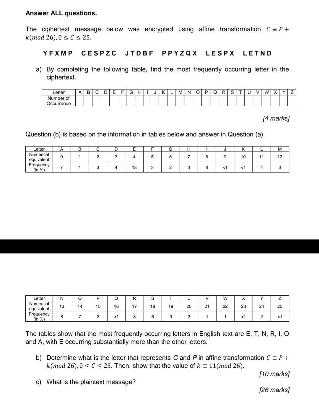 Solved Answer ALL questions. The ciphertext message below | Chegg.com