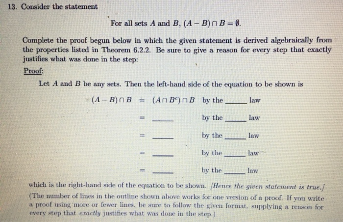 Solved 13. Consider The Statement For All Sets A And B, (A - | Chegg.com