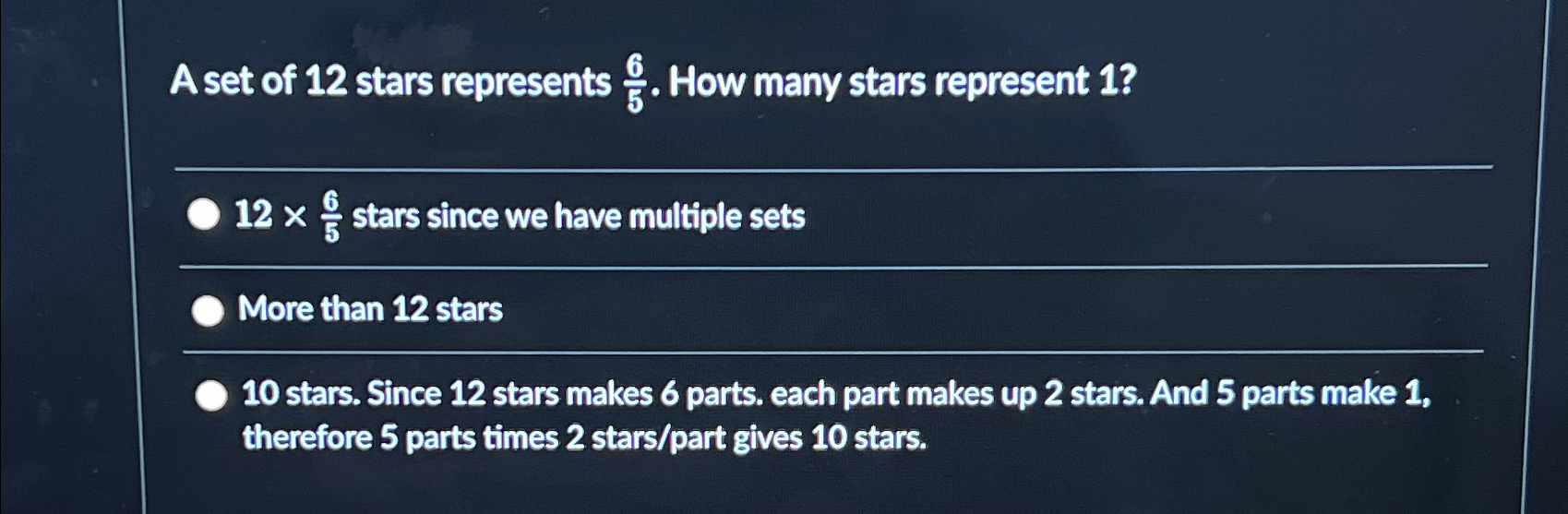 Solved A set of 12 ﻿stars represents 65. ﻿How many stars | Chegg.com