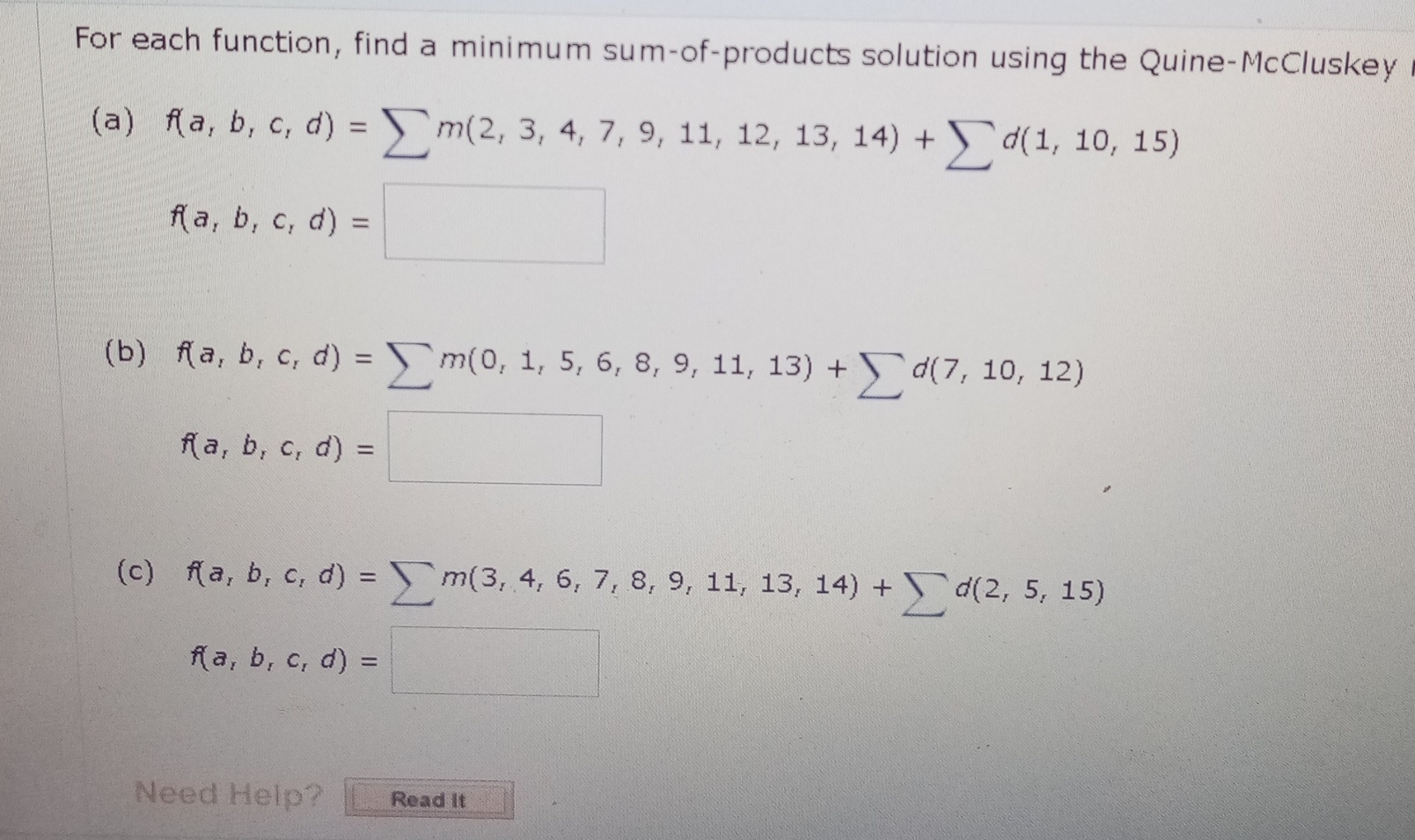 For Each Function, Find A Minimum Sum-of-products | Chegg.com