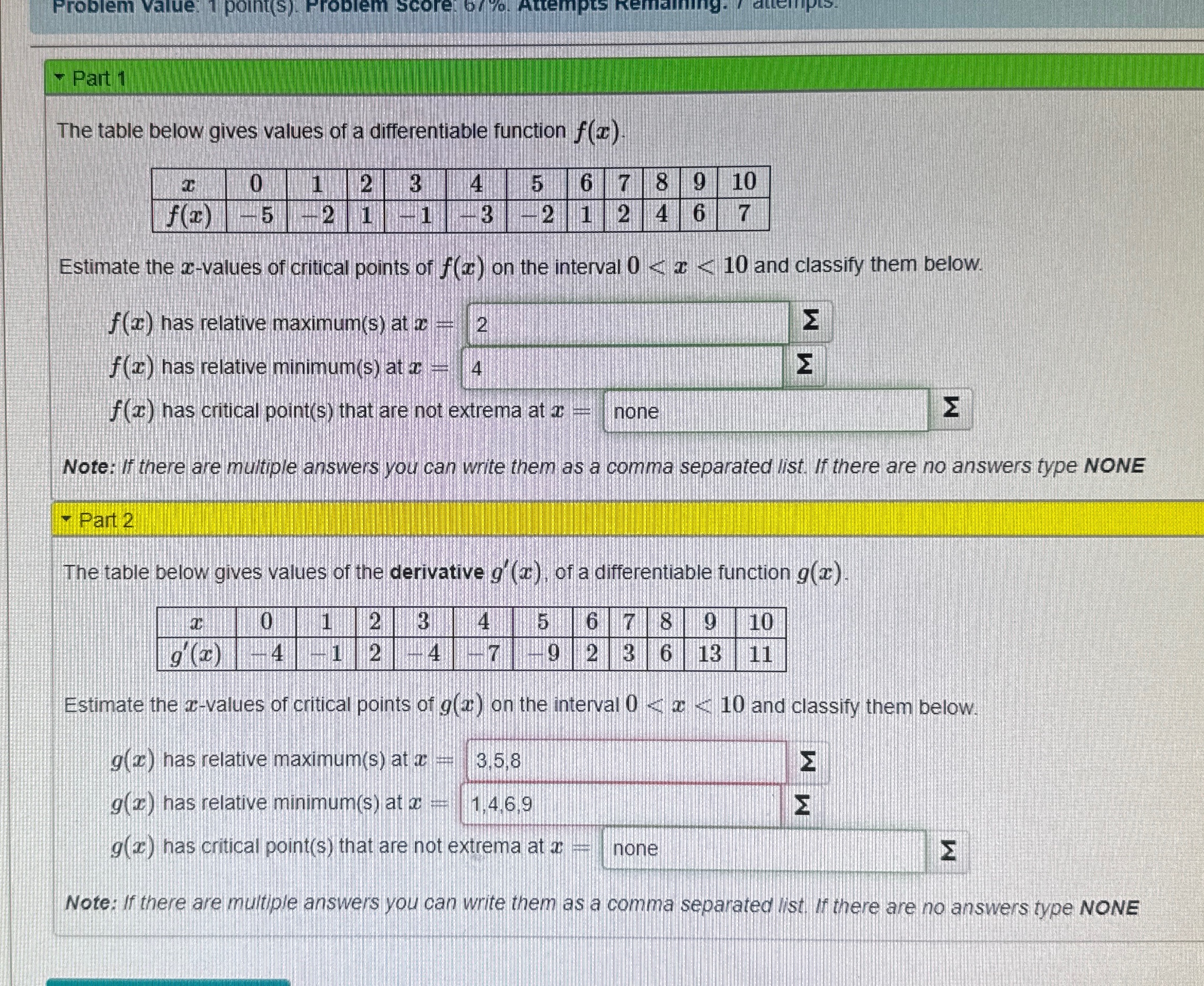 Solved Part 1The table below gives values of a | Chegg.com