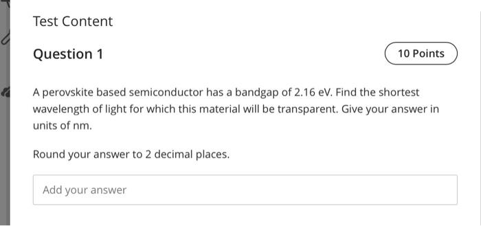 Solved Test Content Question 1 10 Points A perovskite based | Chegg.com
