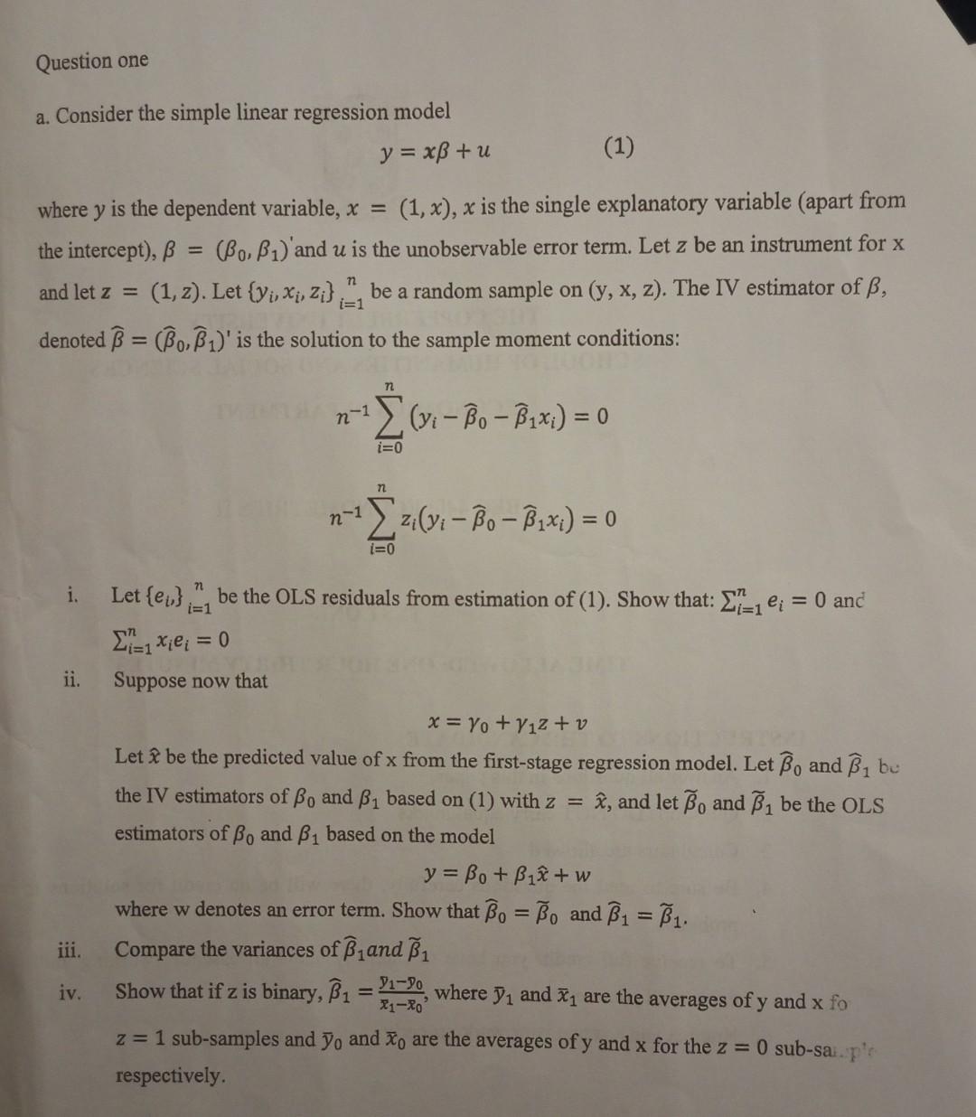 Solved Question one a. Consider the simple linear regression | Chegg.com