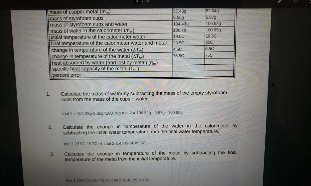 Solved mass of copper metal (mm) mass of styrofoam cups mass