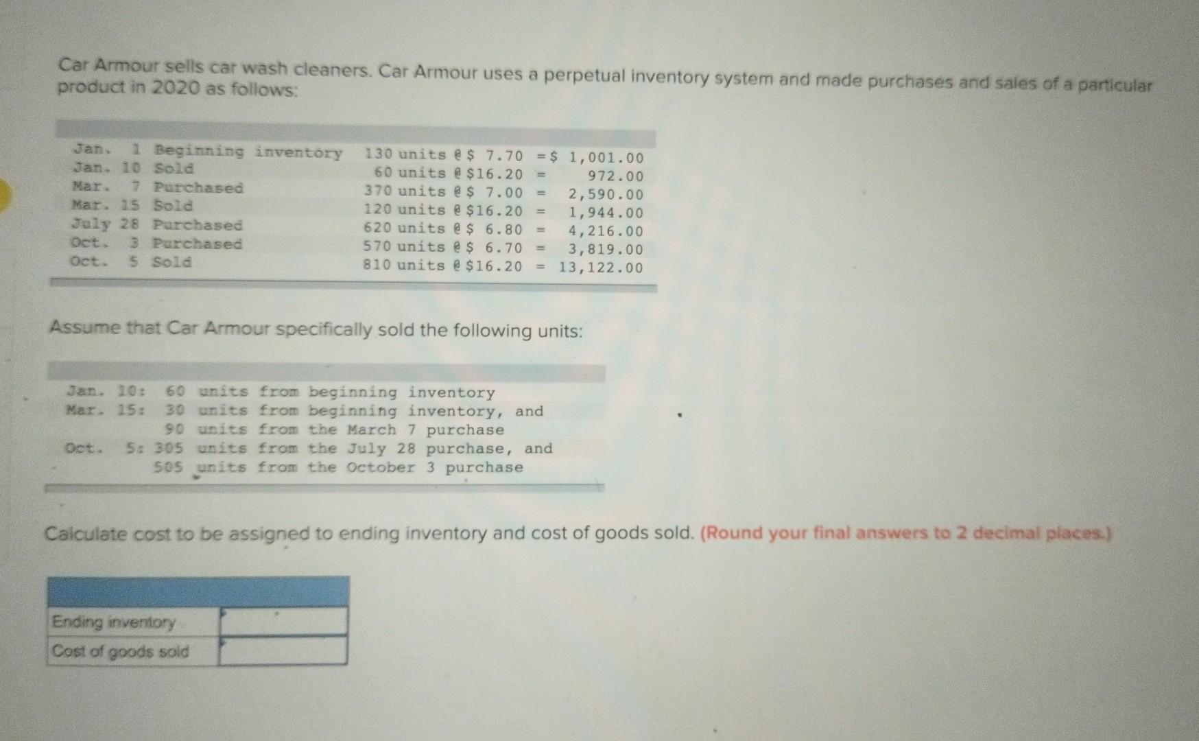 Solved Car Armour sells car wash cleaners. Car Armour uses a