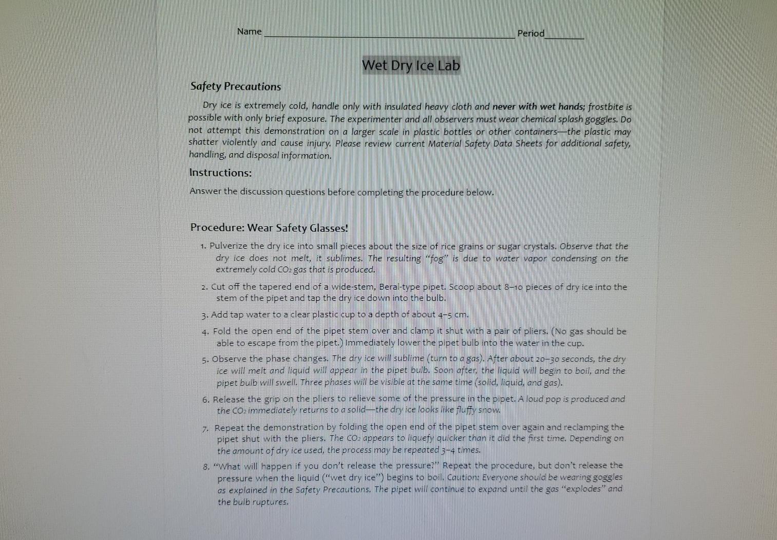 Solved Name Period Wet Dry Ice Lab Safety Precautions Dry