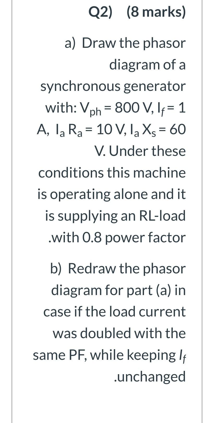 Solved Q2) (8 marks) a) Draw the phasor diagram of a | Chegg.com