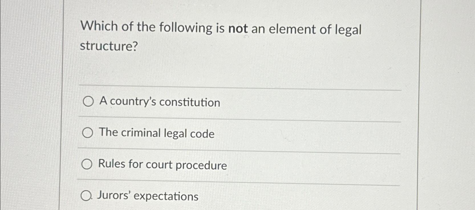 Solved Which of the following is not an element of legal | Chegg.com