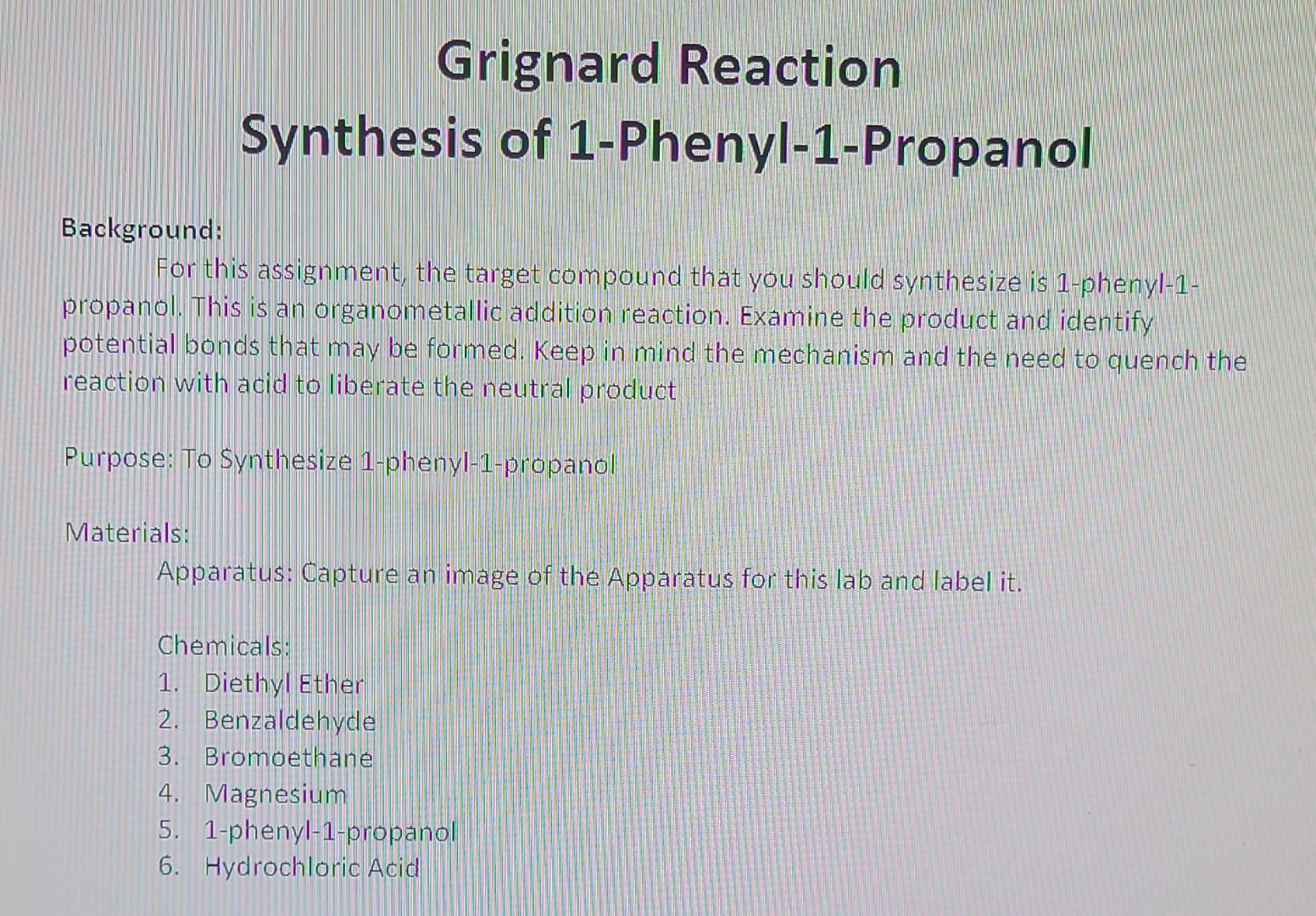 Solved Grignard Reaction Synthesis of 1Phenyl1Propanol