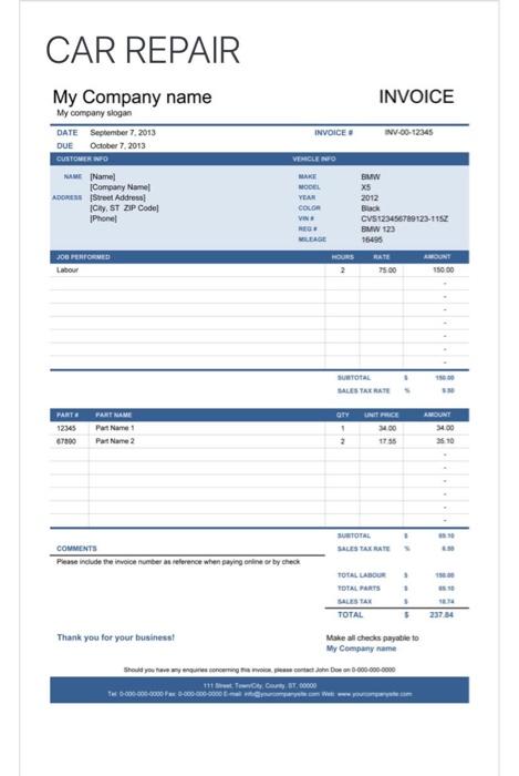 Solved CAR REPAIR My Company name INVOICE INVOICE | Chegg.com