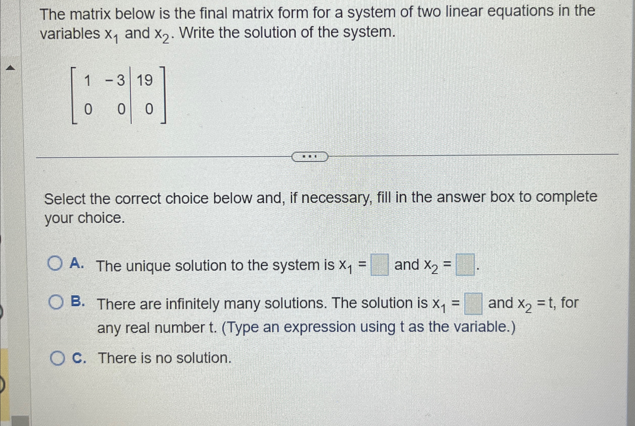 Solved The matrix below is the final matrix form for a | Chegg.com