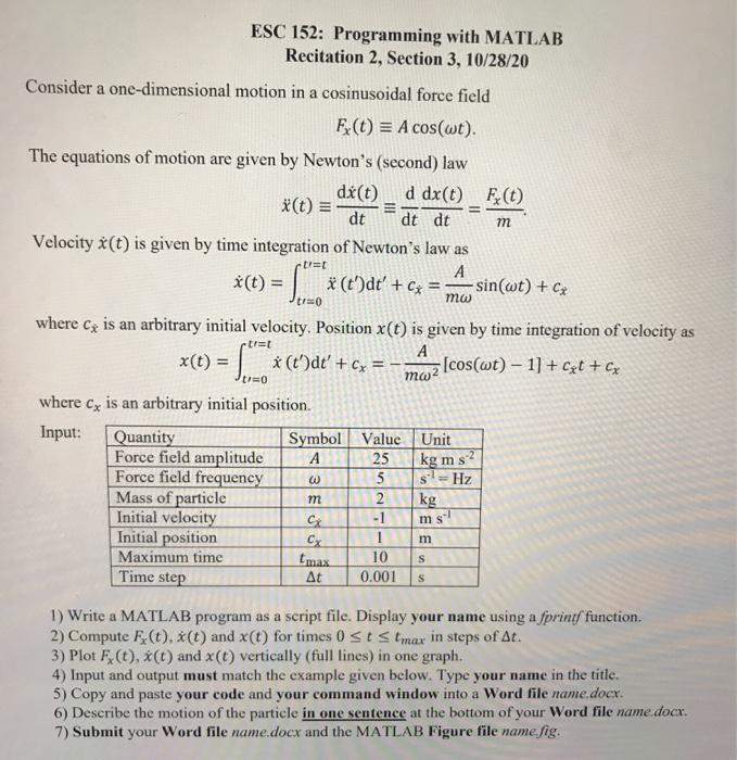 Solved - Ft) m mw ESC 152: Programming with MATLAB | Chegg.com