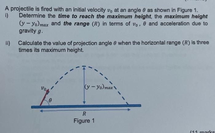 A projectile is fired with an initial velocity \( v_{0} \) at an angle \( \theta \) as shown in Figure \( 1 . \)
i) Determine