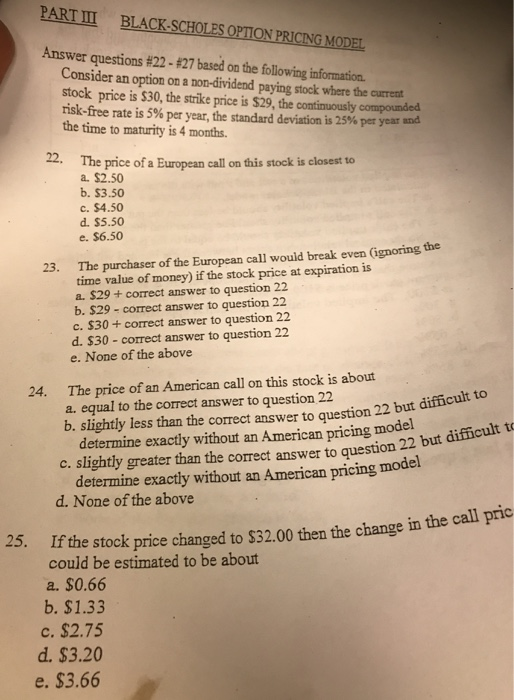 Solved PART II BLACK-SCHOLES OPTION PRICING MODEL Answer | Chegg.com