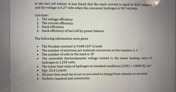 Solved In the fuel cell trainer, it was found that the stack | Chegg.com