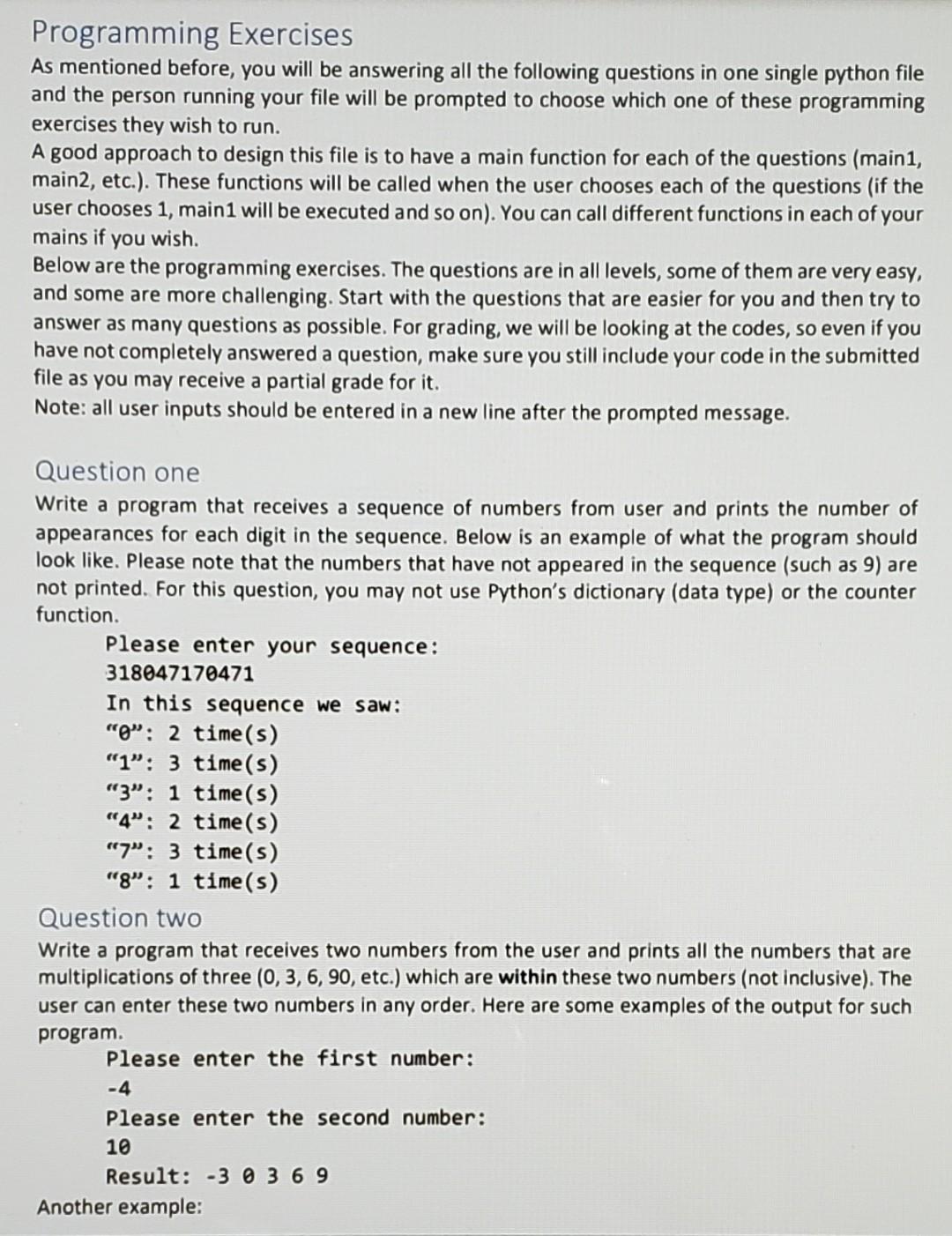 Solved Programming Exercises As mentioned before, you will | Chegg.com