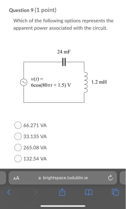 Solved Question 5 (1 point) The sinusoidal voltage source | Chegg.com