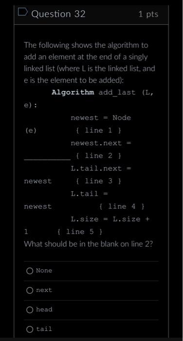 Solved Question 32 1 pts The following shows the algorithm | Chegg.com