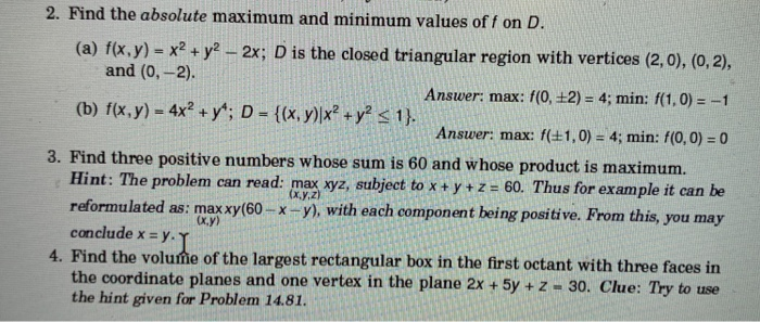 Solved 2. Find the absolute maximum and minimum values off | Chegg.com