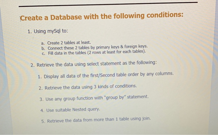 Solved Create a Database with the following conditions: 1. | Chegg.com