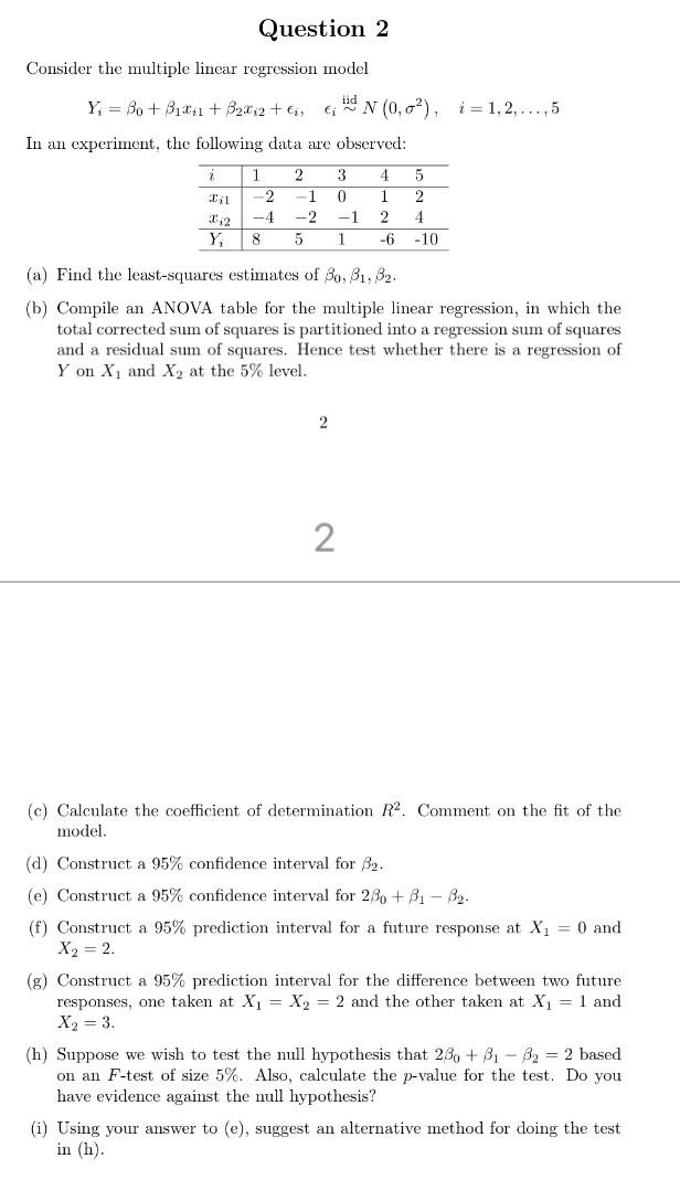 Solved Consider The Multiple Linear Regression Model | Chegg.com