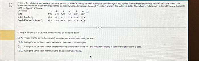 Solved A researcher studies water clarity at the same | Chegg.com