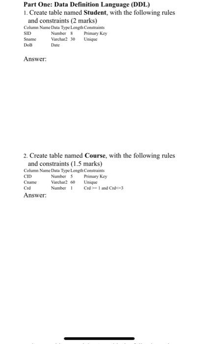 Solved Part One: Data Definition Language (DDL) 1. Create | Chegg.com