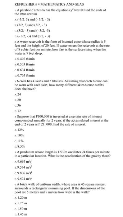 Solved REFRESHER 3 MATHEMATICS AND GEAS What is the sum of | Chegg.com