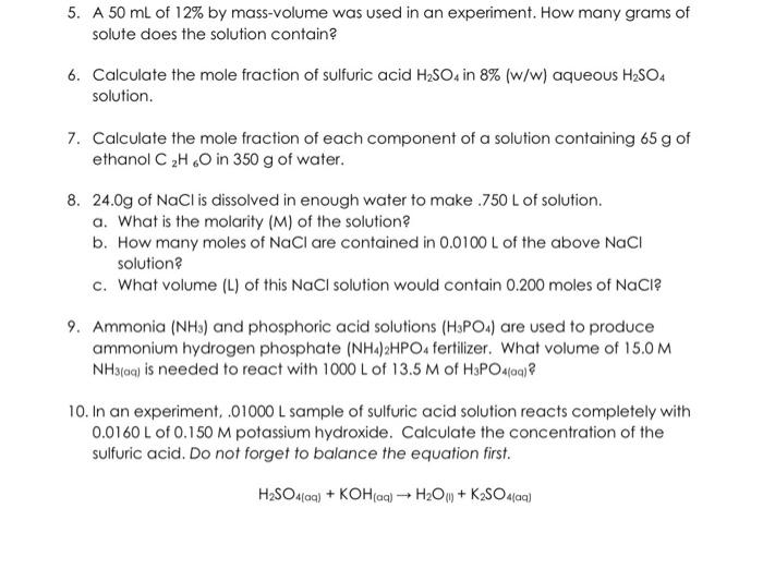 Solved 5. A 50 mL of 12% by mass-volume was used in an | Chegg.com