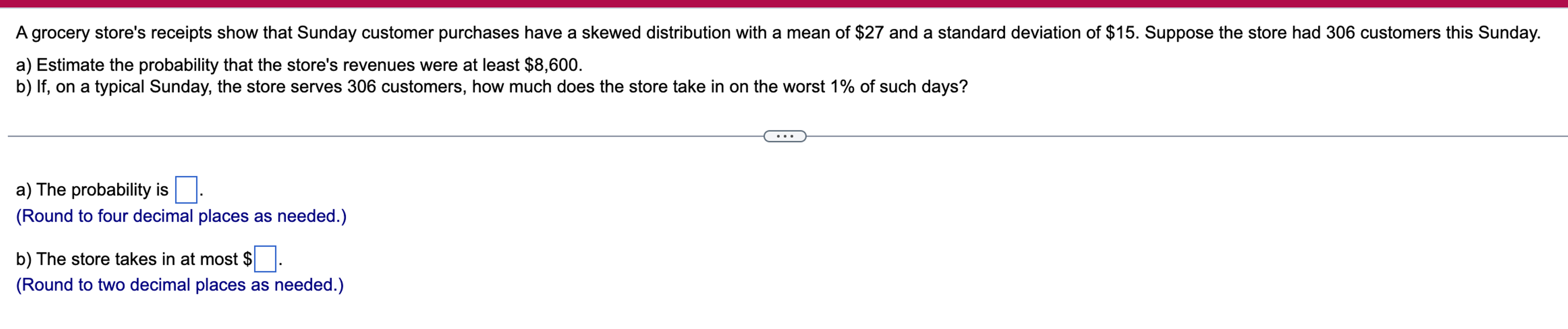 Solved A grocery store's receipts show that Sunday customer | Chegg.com