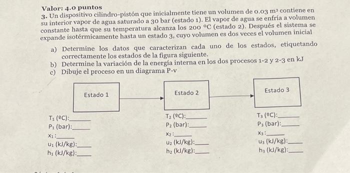 Valor: 4.o puntos 3. Un dispositivo cilindro-pistón que inicialmente tiene un volumen de \( 0.03 \mathrm{~m}^{3} \) contiene